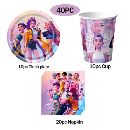 K-pop Kids Birthday Party Supplies All-in-One Decor Set-Paper Tableware Cups Candy Box Gift Bags Banner for Festive Celebrations