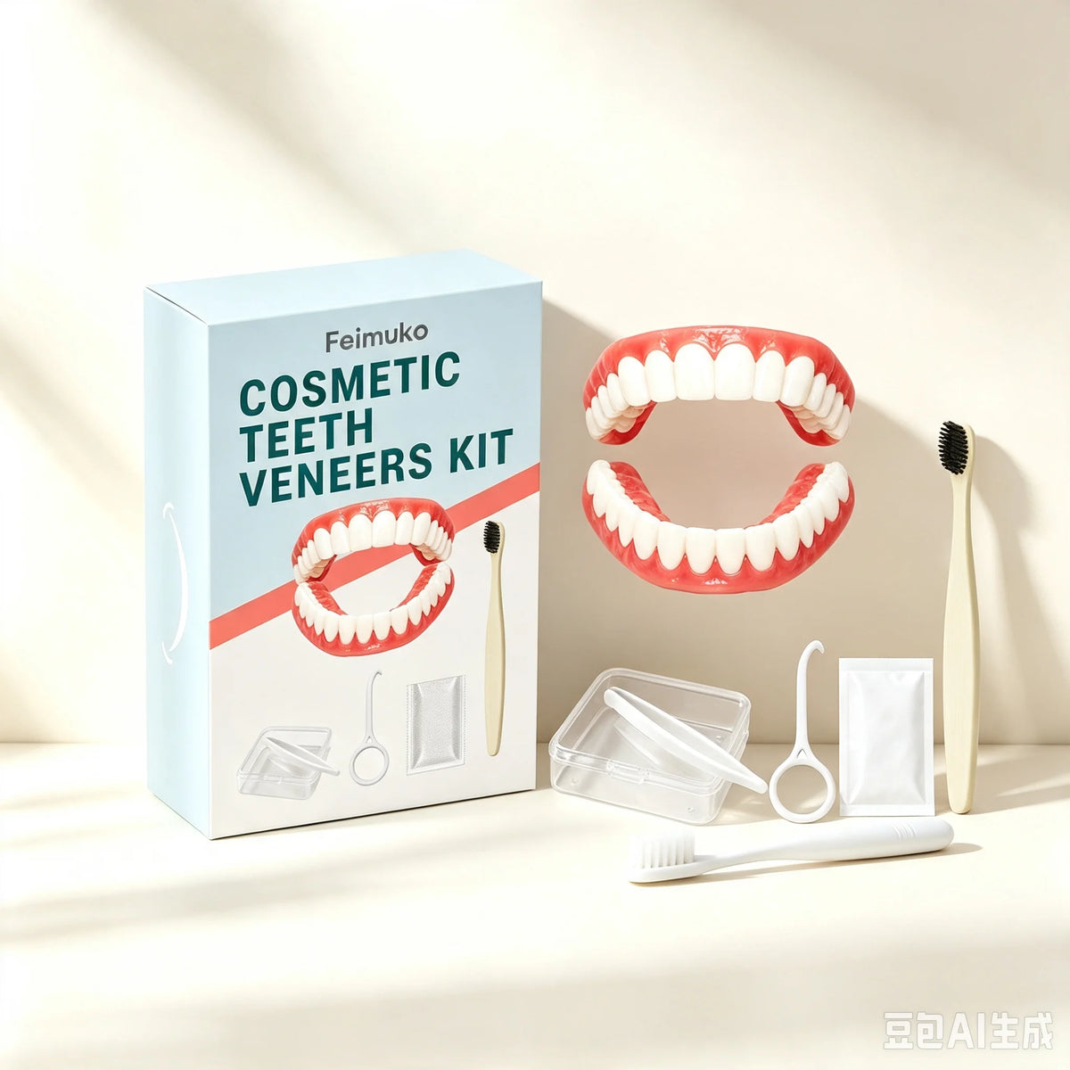 Silicone denture set, ivory colored dentures, instantly burst into a confident smile, comes with a toothbrush and tweezers