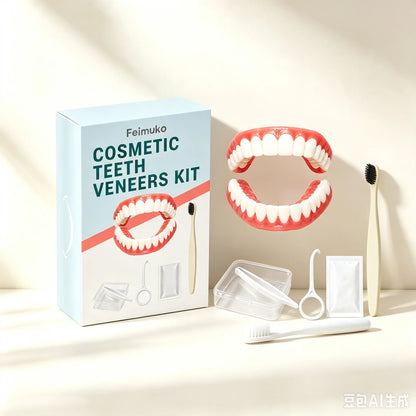 Silicone denture set, ivory colored dentures, instantly burst into a confident smile, comes with a toothbrush and tweezers