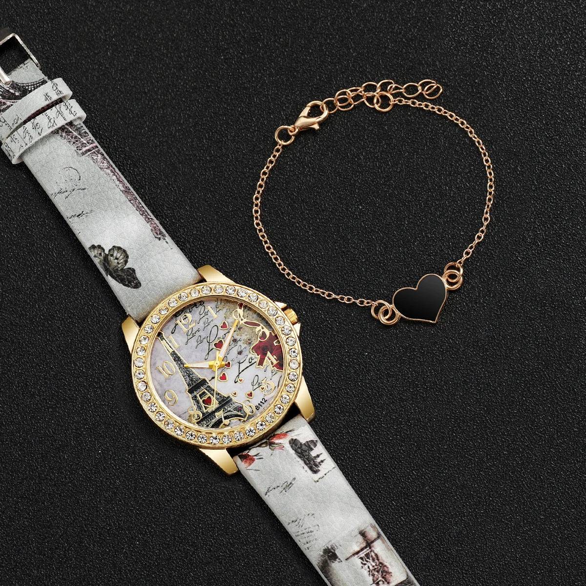 2pcs/set Fashion PU Leather Eiffel Tower Quartz Watch + Heart-Shaped Bracelet (Box not included）