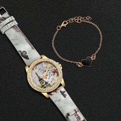 2pcs/set Fashion PU Leather Eiffel Tower Quartz Watch + Heart-Shaped Bracelet (Box not included）