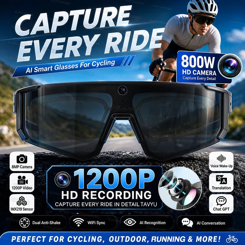 New AI Smart Glasses With Camera 1200P Video Recording Anti-Shake Shooting Sunglasses Bicycle Riding Windproof Goggles Men Women