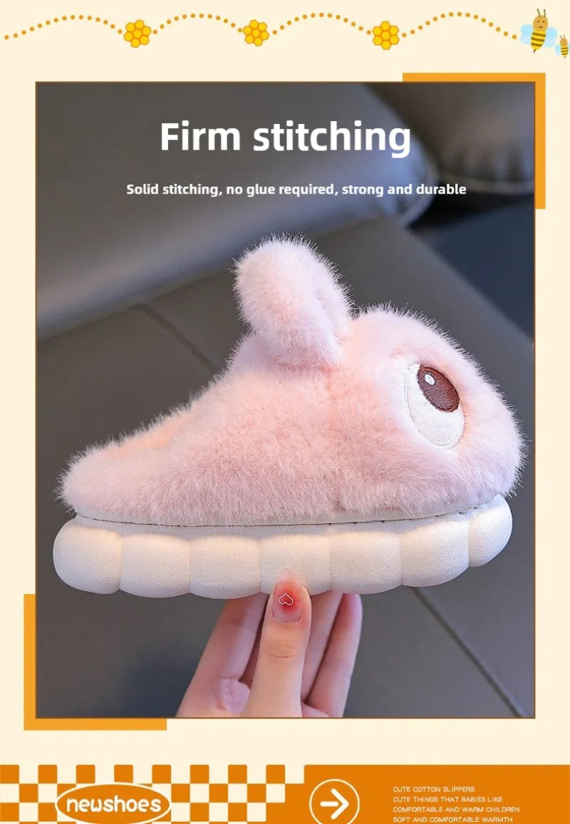 New Winter Cute Big eyed Rabbit Children's Waterproof Warm Non-slip Fluffy Slippers For Girls Boys Kids Indoor Home Cotton Shoes