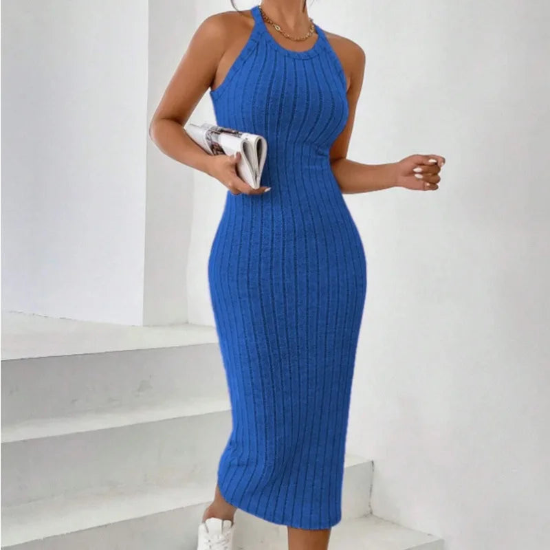2026 Women's Crew Neck Solid Sleeveless Spaghetti Strap Dress Knit Ribbed Longline Slim-Fit Casual Sports Tank Dress Y2k Clothes
