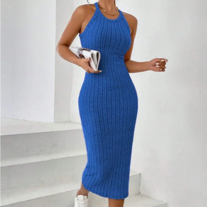 2026 Women's Crew Neck Solid Sleeveless Spaghetti Strap Dress Knit Ribbed Longline Slim-Fit Casual Sports Tank Dress Y2k Clothes