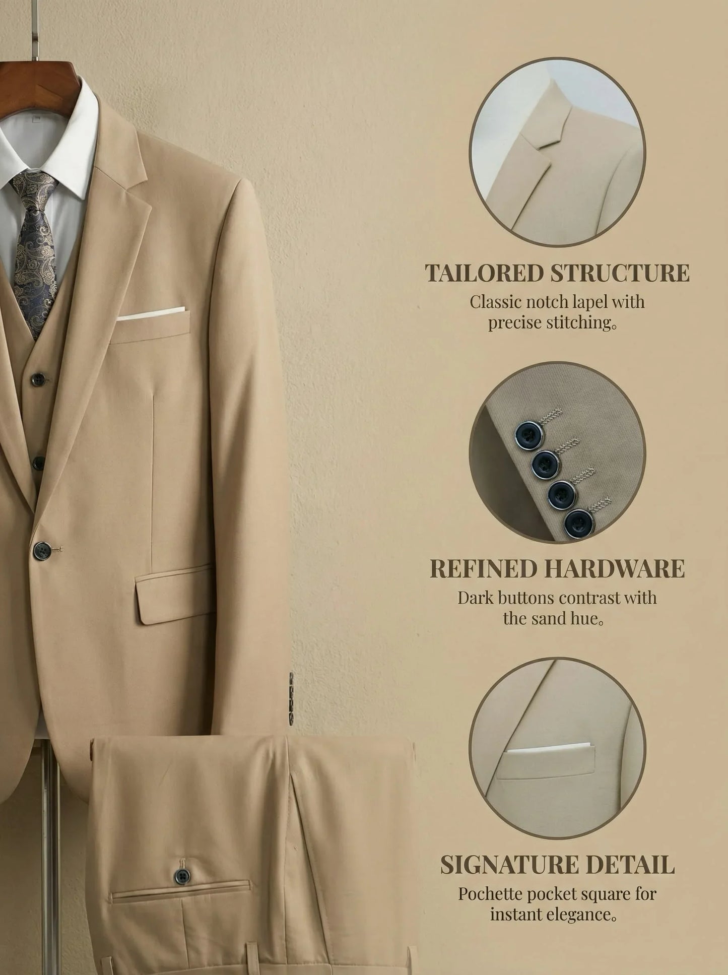 Men's Smart Casual 3-Piece Suit Single Breasted Solid Slim Fit Elegant Office Party Wedding Set