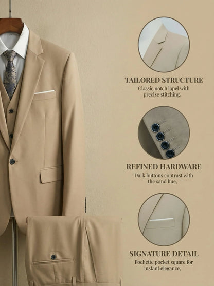 Men's Smart Casual 3-Piece Suit Single Breasted Solid Slim Fit Elegant Office Party Wedding Set