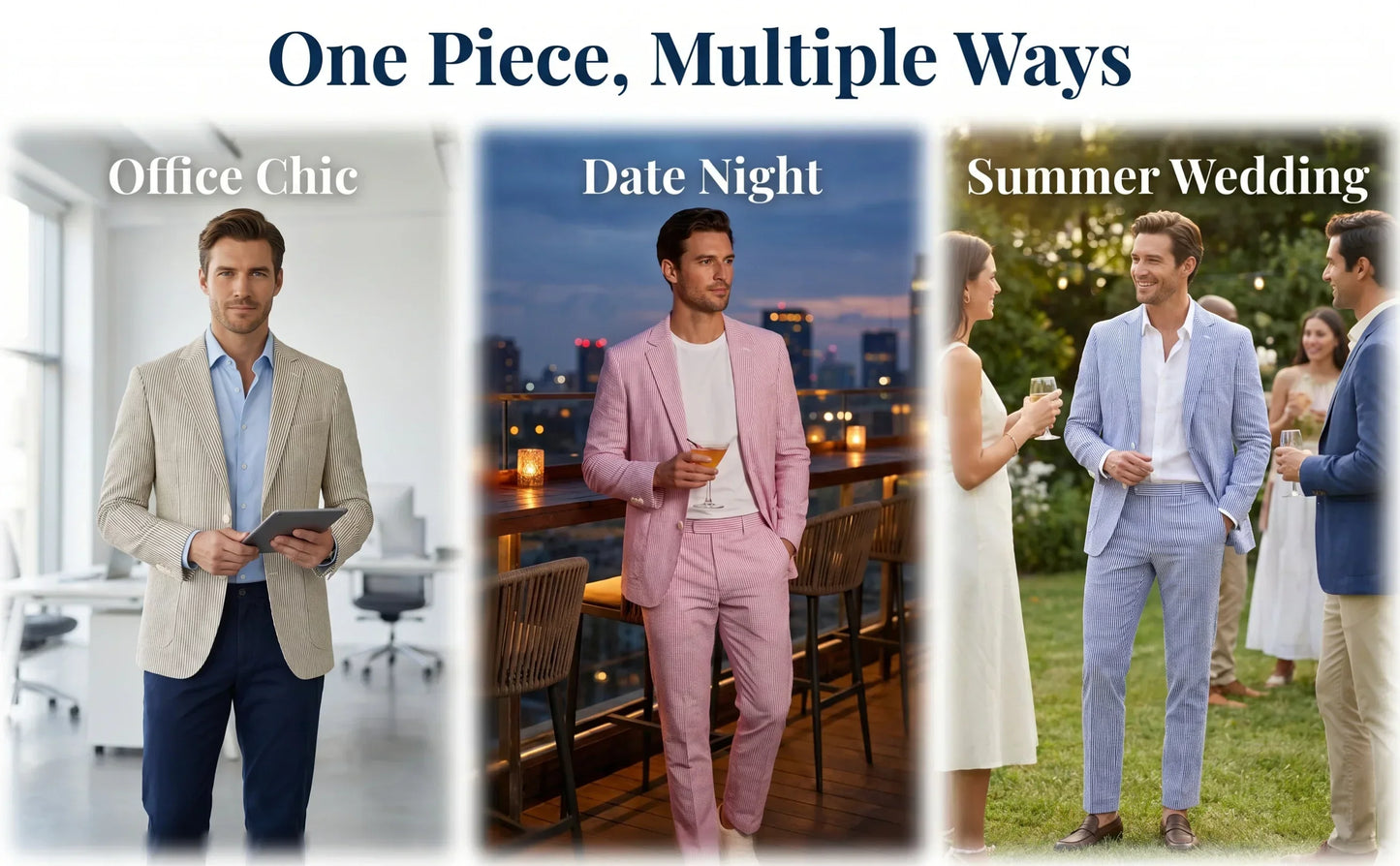 Men Summer Striped Seersucker 2 Piece Suit Wrinkle Free Light Blazer Trousers All Match Gentleman Daily Outfit