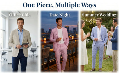 Men Summer Striped Seersucker 2 Piece Suit Wrinkle Free Light Blazer Trousers All Match Gentleman Daily Outfit