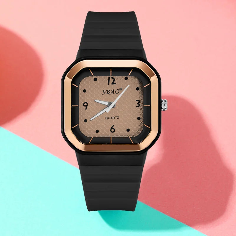 Trendy Square Dial Women Watch Teal Silicone Strap Rose Gold Bezel Analog Quartz Wristwatch Casual Waterproof Sport Wrist Clock