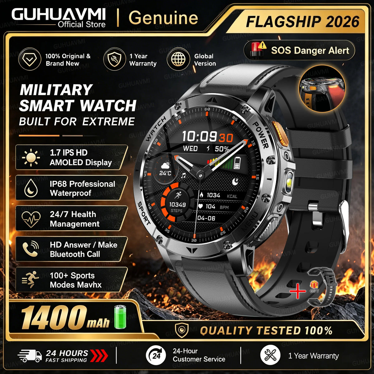 1400mAh Large Battery Military Smart Watch Men 1.7"HD Bluetooth Call 10ATM Waterproof LED Flash SOS Health Monitor Sport Watches