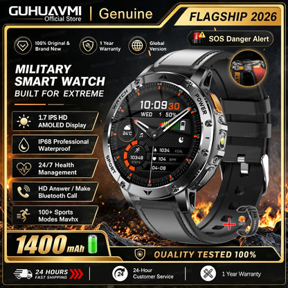 1400mAh Large Battery Military Smart Watch Men 1.7"HD Bluetooth Call 10ATM Waterproof LED Flash SOS Health Monitor Sport Watches