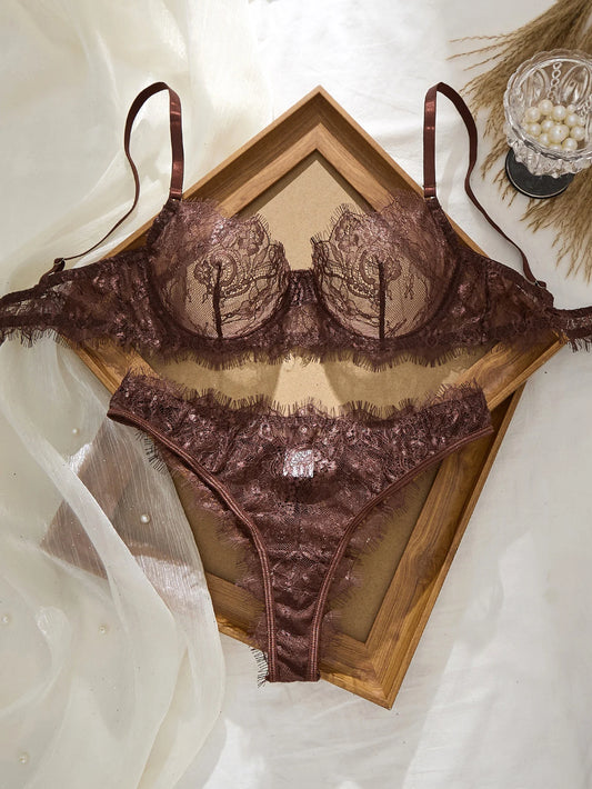 Ladies' Basic Style Thin Lace Bra And Panty Set Seamless Single Layer Eyelet Underwear Comfortable Intimate Apparel