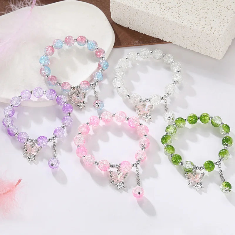Bohemian Sweet Butterfly Beaded Bracelet for Women Girls Pink Color Imitation Jade Crystal Hand Jewelry Birthday Party Gifts