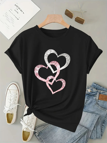 Women Clothing Women Casual Short Sleeve Heart Print Patterns Spring and Summer Fashion TShirt with Three  Aesthetic Clothes