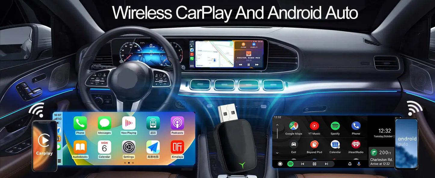 Mini Wireless Carplay Adapter Android Auto AI Smart USB Dongle 2 in 1  WiFi Fast Connect for Benz Chevrolet Ford Honda Toyota