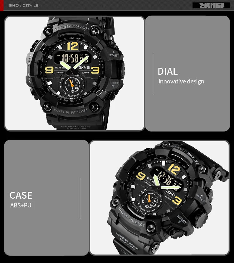 Skmei Dual Movement 3 Time Sport Wristwatch Mens Waterproof Electronic Watches Montre Homme Shockproof Digital Men Watch 1637