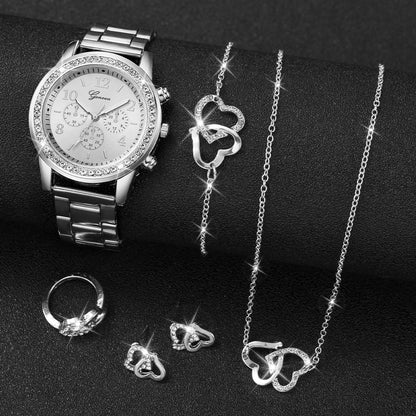 6PCS/Set Women's Watch Fashion Rhinestone Stainless Steel Band Quartz Watch Double Heart Jewelry Set（Without Box）