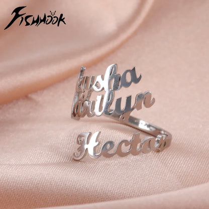 Custom Double First Name Finger Ring For Women Men Personalized Couple Wedding Gift Gold Color Stainless Steel Open Ring Jewelry
