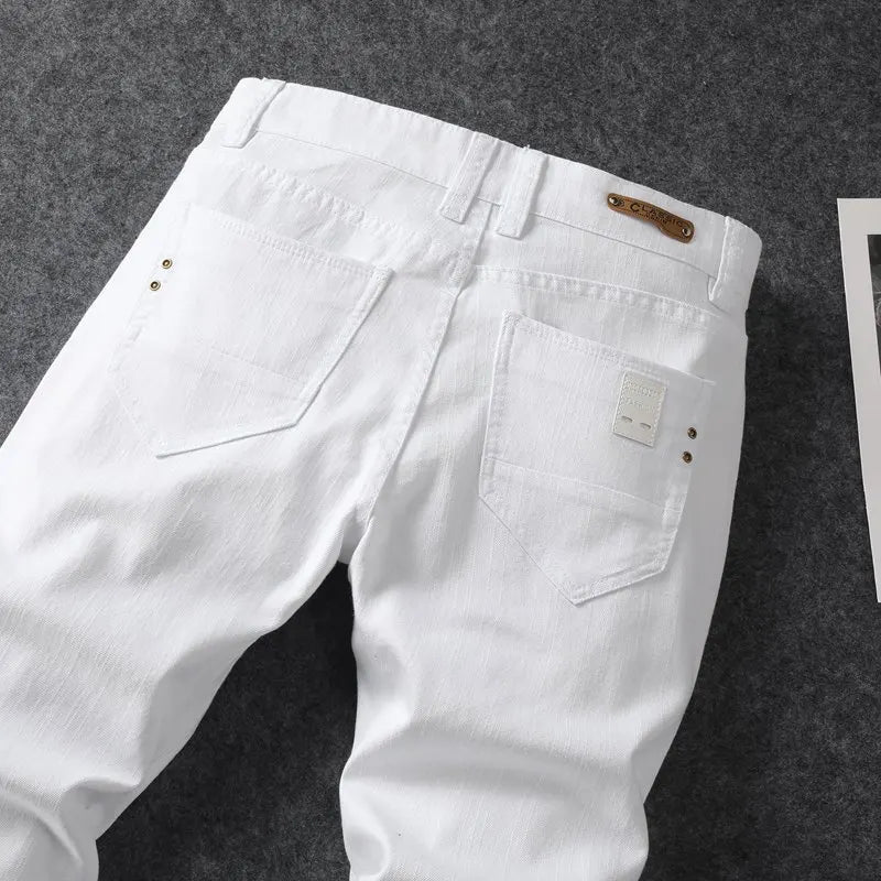 Four season men's fashionable white casual stretch straight leg jeans  comfortable and versatile  tight fitting sports pants