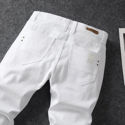 Four season men's fashionable white casual stretch straight leg jeans  comfortable and versatile  tight fitting sports pants