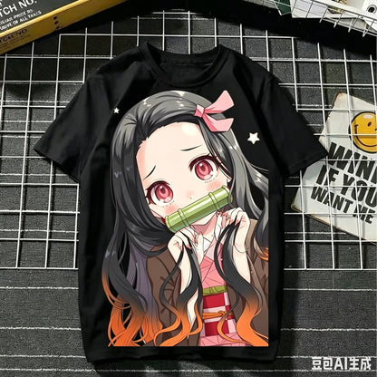 2026 Summer Demon Slayer Nezuko Cherry Blossom Butterfly Print Cotton T-Shirt Adult Kids Casual Loose Breathable Anime Tops Y2k