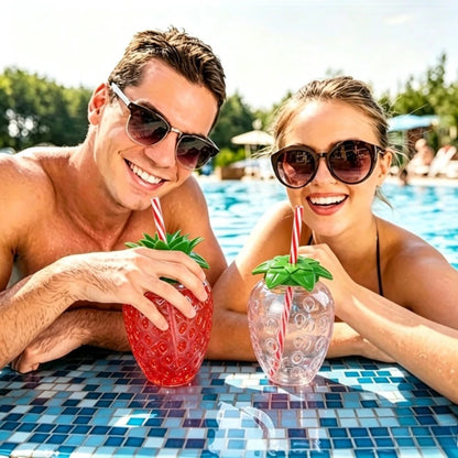 2PCS Strawberry Straw Cup 500ML Fruit Shaped Cups Plastic Pineapple Juice Tea Bottle for Summer Beach Juice Cup Beverage Cup