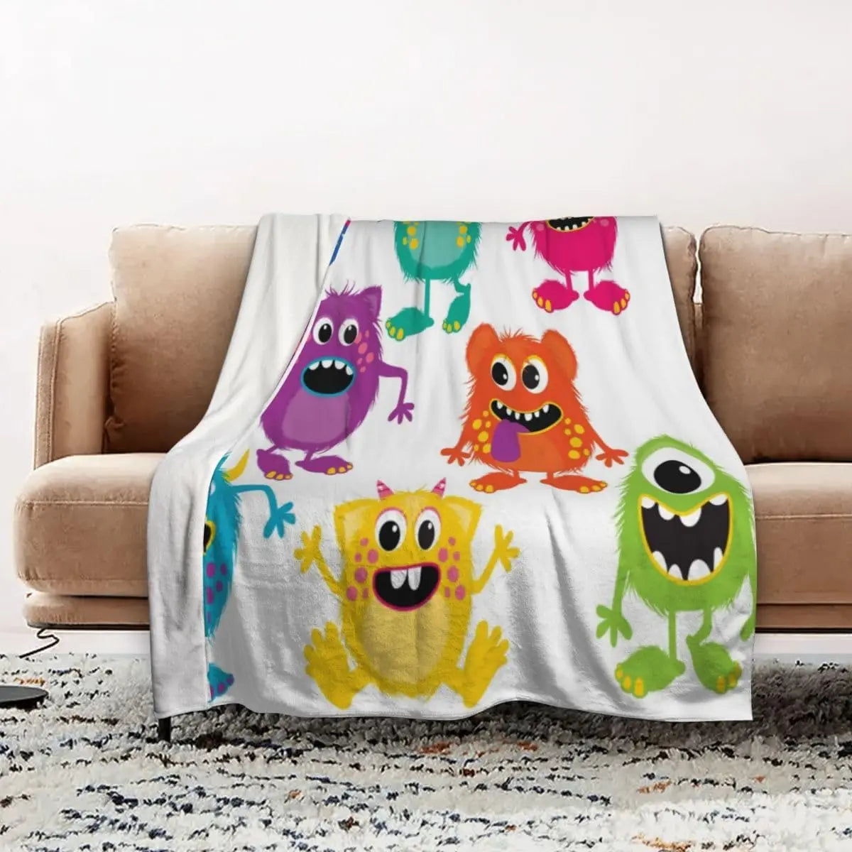 Colorful Cute Cartoon Furry Monster Repeating Print White Base Flannel Throw Blanket,Soft Warm Sofa Cover,Kids Bedroom Rest Gift