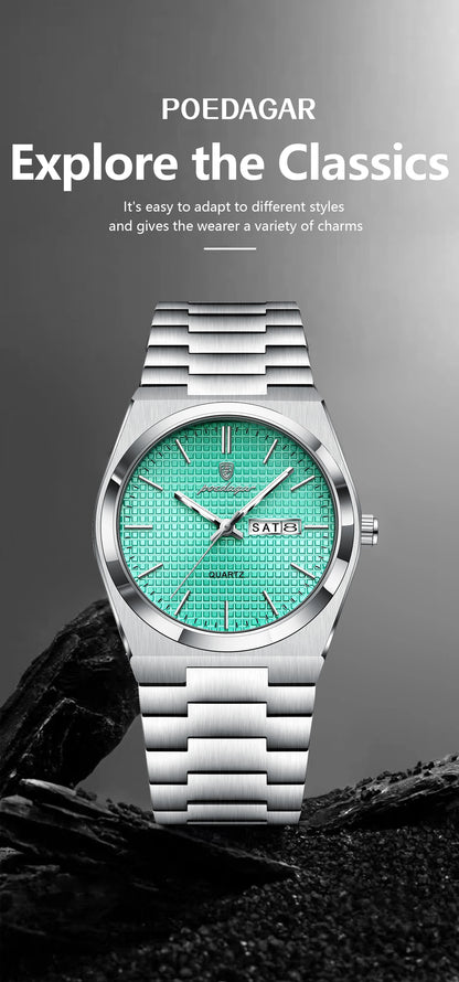 POEDAGAR Trendy Casual Man Watch Luminous Waterproof Stainless Steel Classic Men Wristwatch Date Week Men's Quartz Watches Reloj