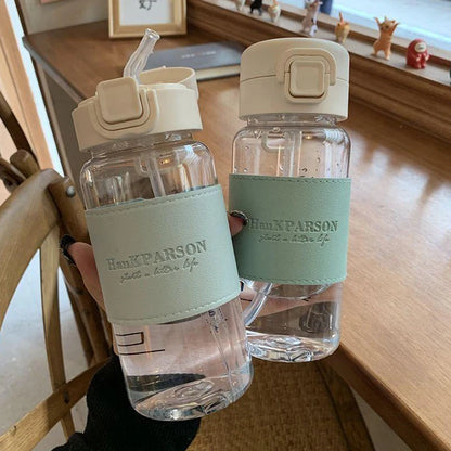 【LM】500ml Portable Water Bottle with Straw Creative Cute Leak-proof Plastic Drinking Bottle Milk Coffee Tea Juice Cup Drinkware