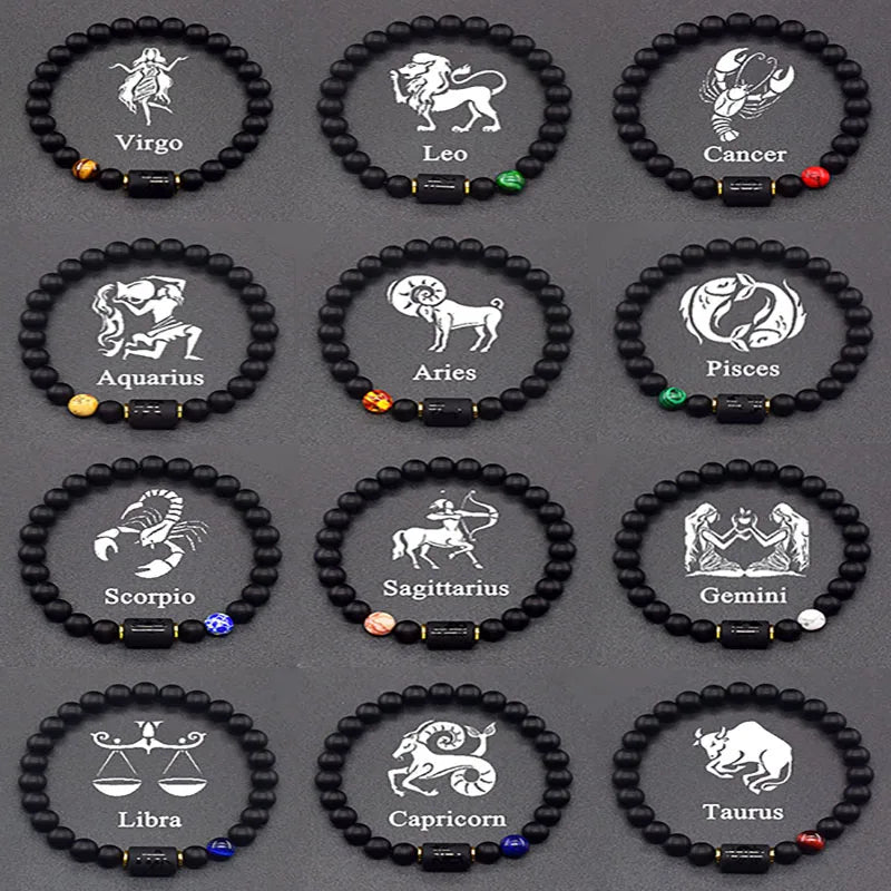 12 Zodiac Constellation Signs Bracelets for Men Women Real Natural Tiger Eye Stone Bead Bracelet Leo Taurus Charm Couple Jewelry
