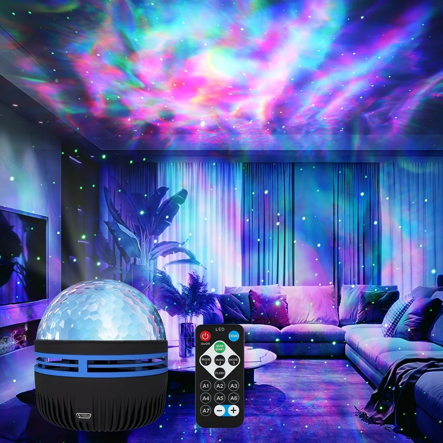 Galaxy Starry Projector LED Night Light Remote Control RGB Water Wave 7 Modes USB Plug-in Galaxy Lamp Bedroom Party Bar Decor
