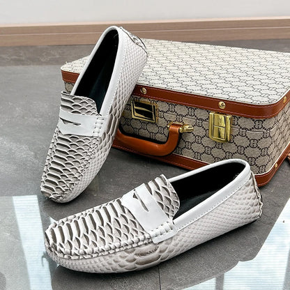 Men White Snake Pattern Loafers Penny Slip On Driving Shoes Casual Business Moccasins Breathable Male Footwear