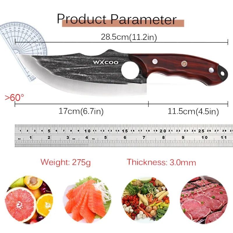 WXCOO Forged Butcher Knife Fish Boning Knife DIY Kitchen Stainless Steel Fruit Slicing Vegetable Chef Wooden Handle BBQ Cooking