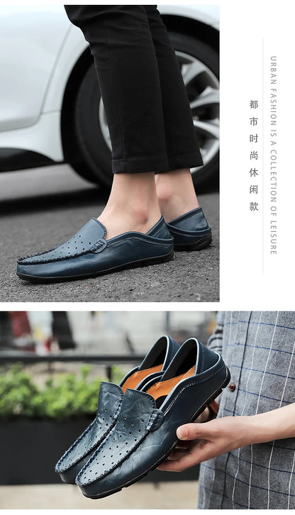 Men's Driving Shoes Large Size Loafers Hollow out Casual Bean Bean Shoes Leather Slip-On Footwear for Men