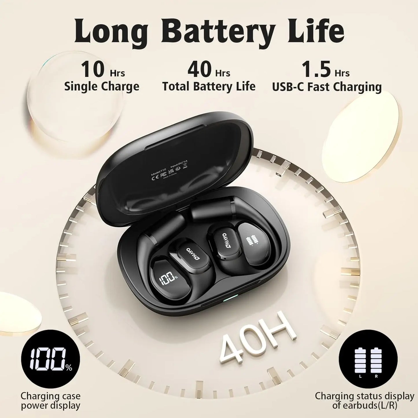 Ohayo Open-Ear Earphones Ear Hooks Wireless Bluetooth 5.4 Headphones IPX6 Waterproof Air conduction Sports Earbuds TWS with Mic