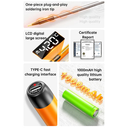 Wireless USB Soldering Iron Kit Replaceable C200S Tip 5-Gear 260-420℃ Auto Sleep Mode 1000mAh Type-C Rechargeable Welding Tool