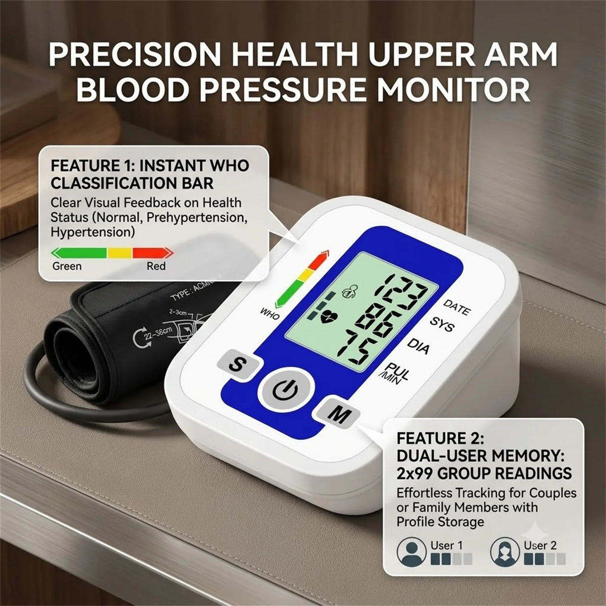 Automatic Arm Blood Pressure Monitor LCD Pressure Sensor Monitor BP Automatic Tonometer Digital Tensiometer LED Display Cuff