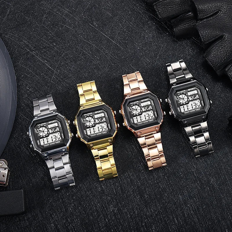 YIKAZE Luxury Men's Business Watch Stainless Steel Strap Men Digital Watch Luminous Multifunction Sports Electronic Wristwatch