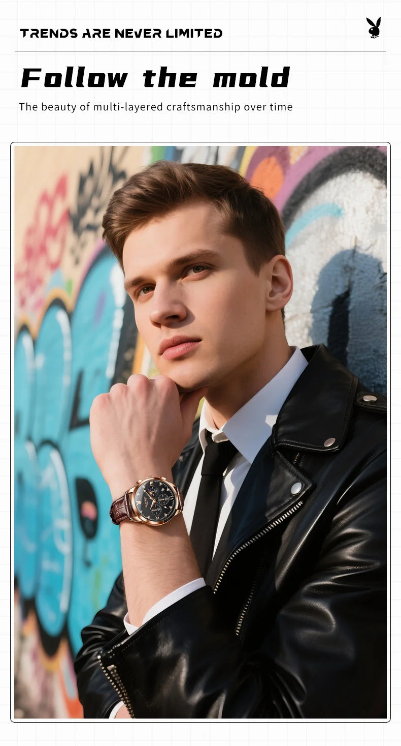 PLAYBOY 3035 Brand original authentic watches for man luxury Gift Box fashion Belt chronograph calendar quartz men's watch