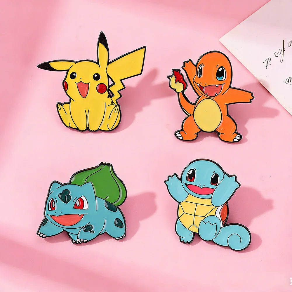 4Pcs Anime Pokemon Characters Enamel Brooch Badge Pikachu Charmander Squirtle Bulbasaur Figure Lapel Pins Gifts for Kids Fans
