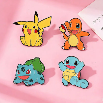 4Pcs Anime Pokemon Characters Enamel Brooch Badge Pikachu Charmander Squirtle Bulbasaur Figure Lapel Pins Gifts for Kids Fans
