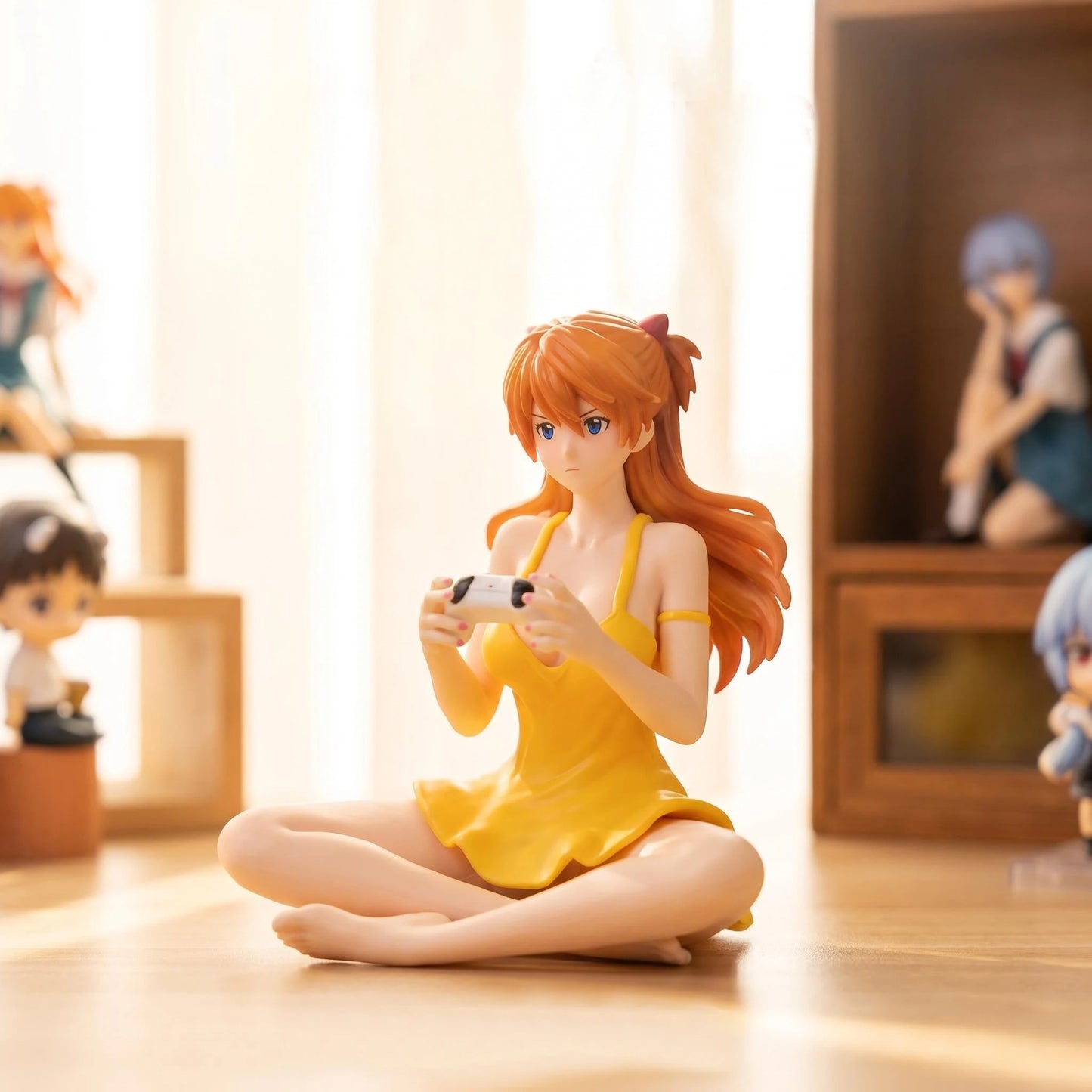 11cm Gaming Ver Figure EVA Kawaii Girl Yellow Dress Sitting Pose Anime Action Figurine Collectible Model Doll Birthday Gift
