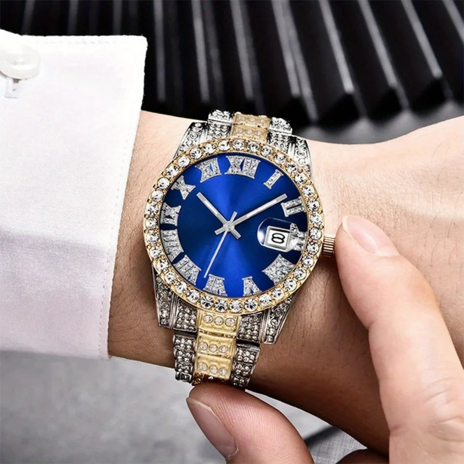 4pcs/set, Business Luxury Men's Rhinestone Watch Jewelry Set, Classic Silvery Men Quartz Calendar Wrist Watch - Gifts for Men,