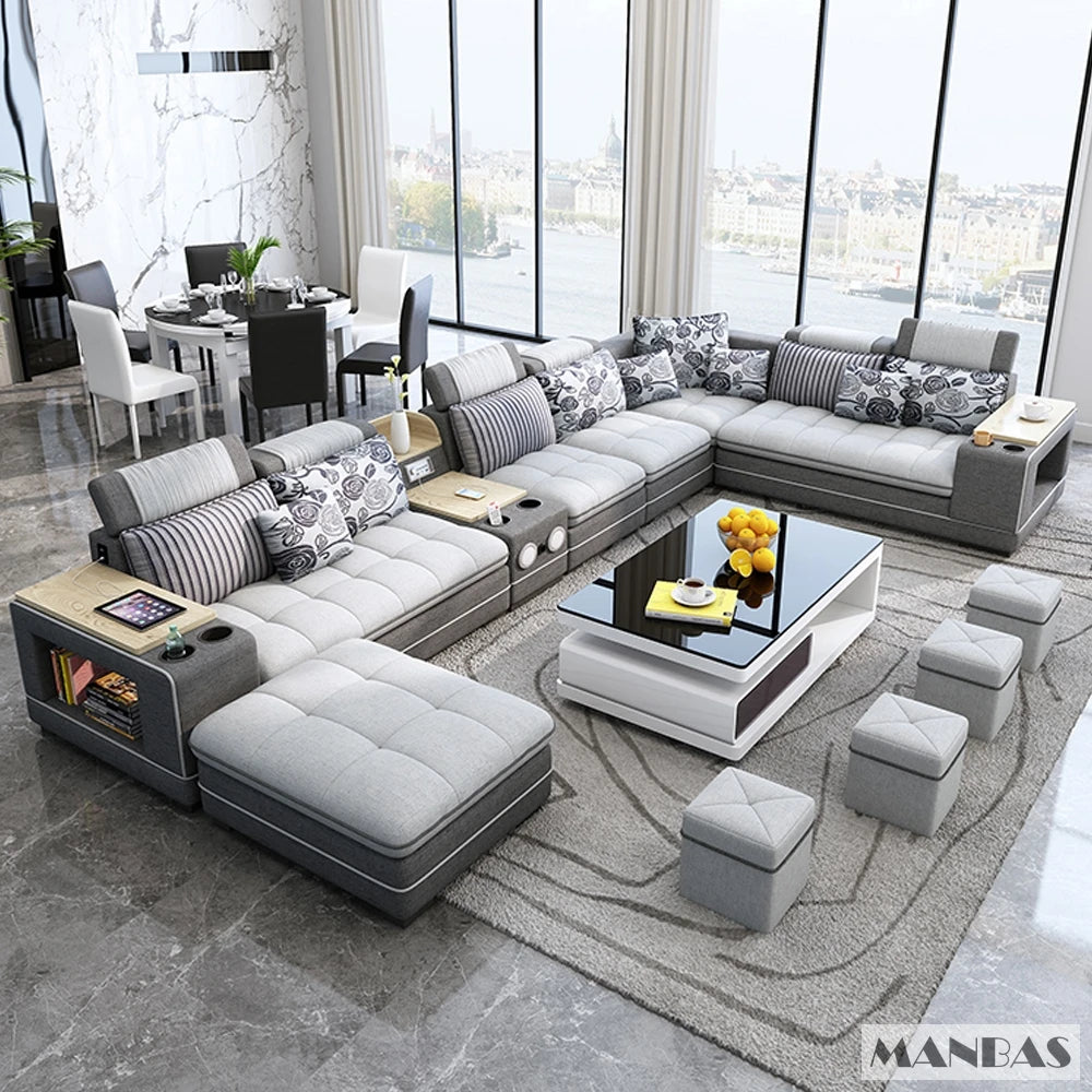 Modern U-Shaped Fabric Couch with Stools, Sectional Sofa Set with Storage Console & Cup Holder, Modular Corner Sofa with Pillows