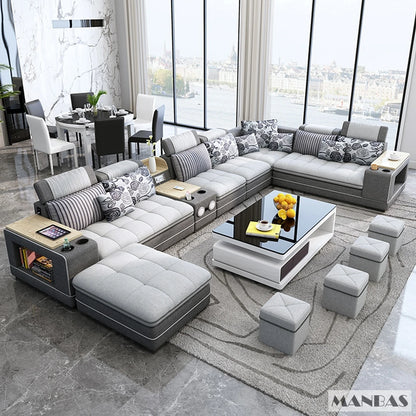Modern U-Shaped Fabric Couch with Stools, Sectional Sofa Set with Storage Console & Cup Holder, Modular Corner Sofa with Pillows