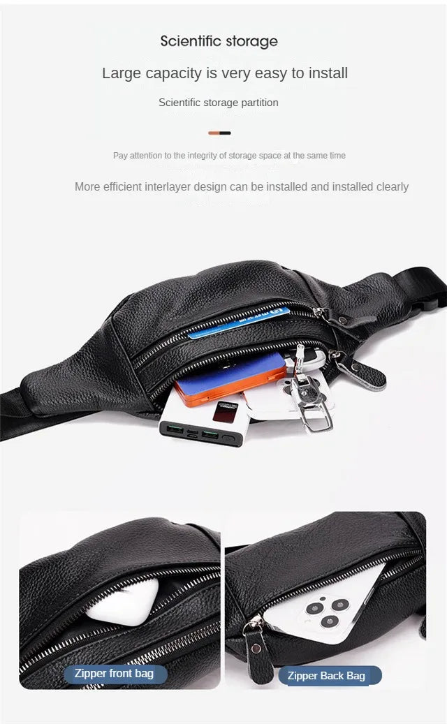 Men's Genuine Leather Chest Bag Double Zipper Cowhide Fanny Pack Casual Crossbody Sling Bag for Daily Commute & Travel