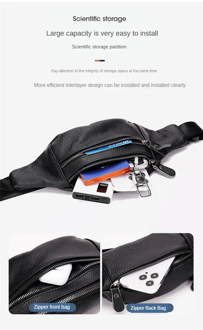 Men's Genuine Leather Chest Bag Double Zipper Cowhide Fanny Pack Casual Crossbody Sling Bag for Daily Commute & Travel
