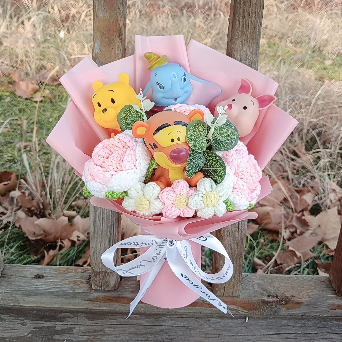 Anime Winnie the Pooh Pig Elephant Handmade Flower Bouquet Plush Doll Wedding Graduation Valentine Christmas Birthday Gifts
