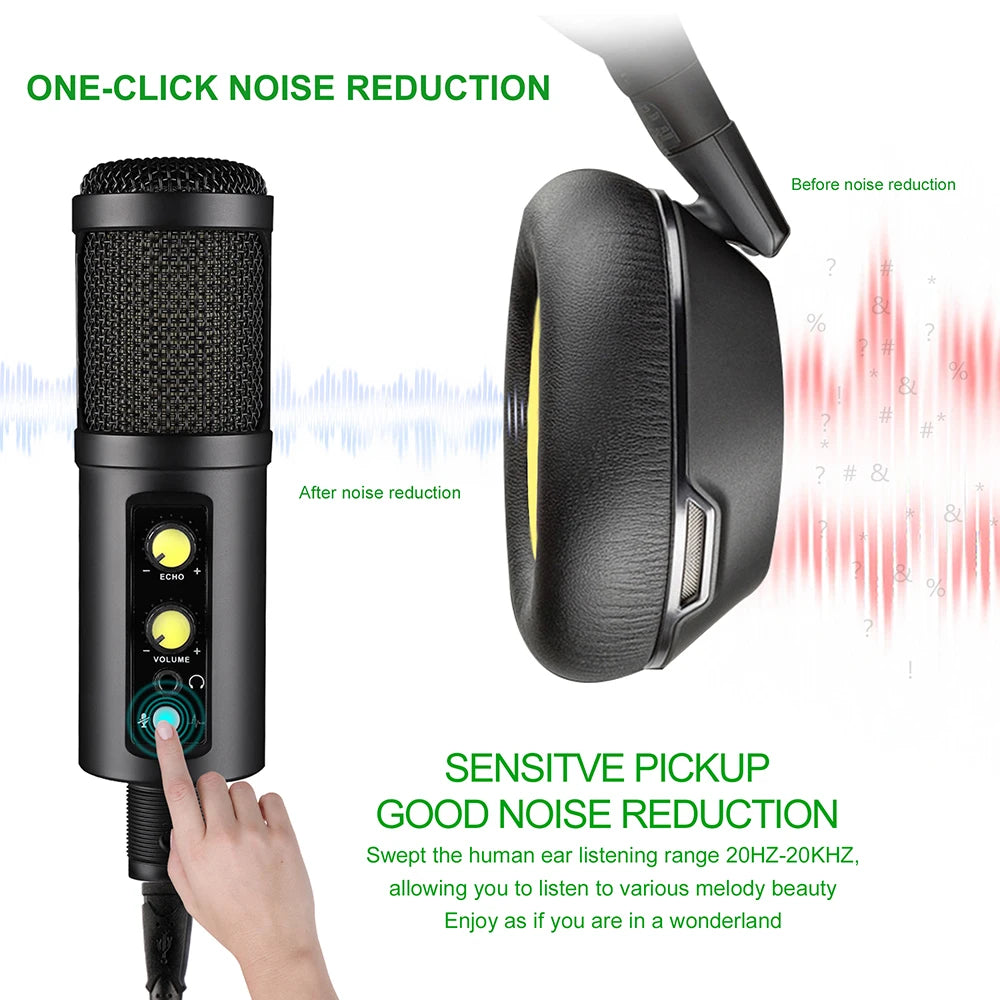 Metal USB Microphone,with Headphone Output,Volume and Echo Control,Mute Button,Condenser Gaming Mic for PC/Laptop,for Singing